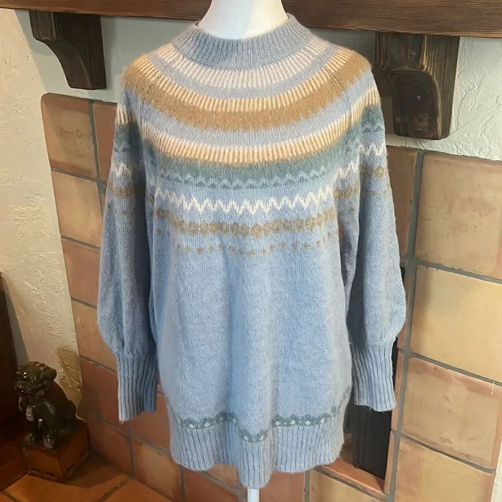 J Crew Fair Isle Alpaca Wool Blend Sweater, Dusty Blue, Oversized, size S
